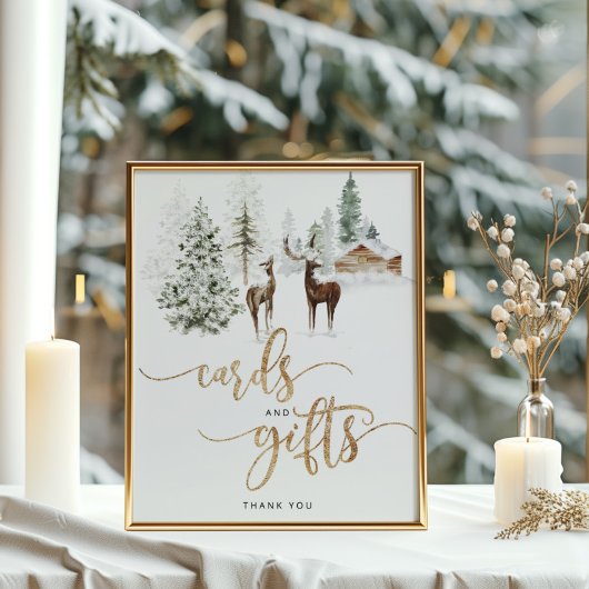ウッドランドの森の鹿の冬のカードと贈り物 ポスター