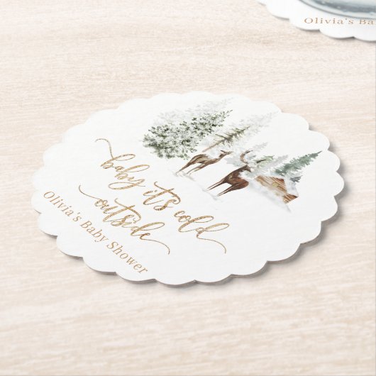 ウッドランドの森の鹿の冬の赤ちゃんシャワー ペーパーコースター (アングル)