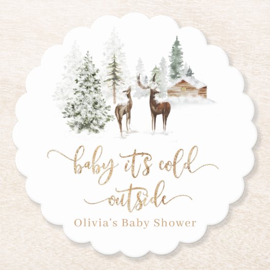 ウッドランドの森の鹿の冬の赤ちゃんシャワー ペーパーコースター (正面)