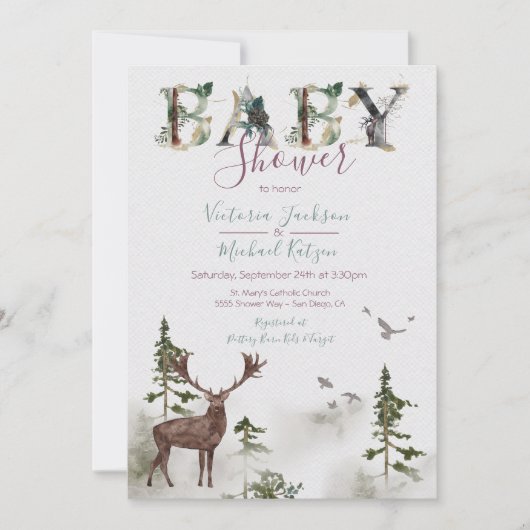 ウッドランドの水彩林のベビーシャワー 招待状 (正面)