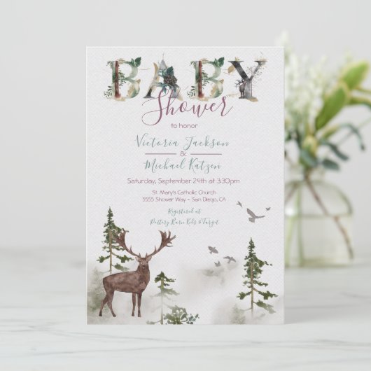 ウッドランドの水彩林のベビーシャワー 招待状 (スタンド正面)