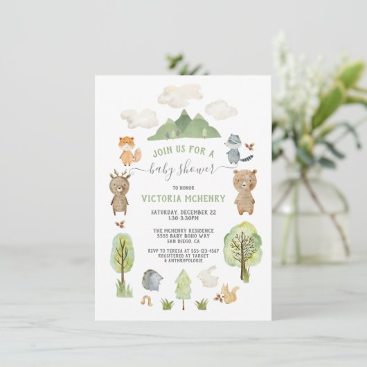 ウッドランドの水彩森林動物の赤ちゃんシャワー 招待状 (スタンド正面)