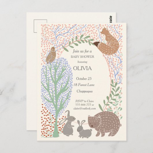 ウッドランドの生き物の動物の赤ちゃんシャワーの招待 ポストカード (正面/裏面)