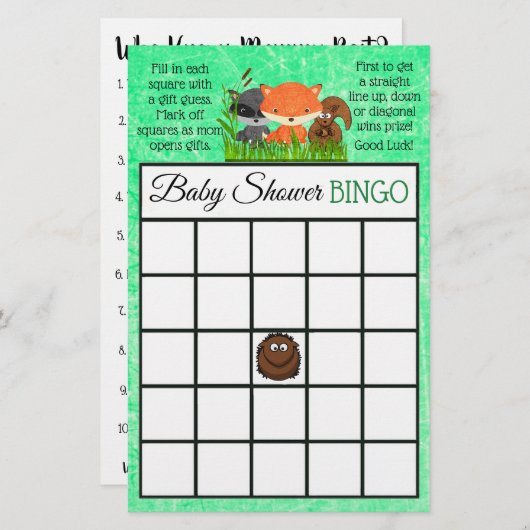 ウッドランドの生き物をテーマにした赤ちゃんシャワーゲーム (正面/裏面)