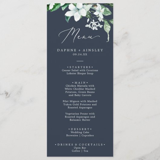 ウッドランドの緑 |ネイビーブルー結婚のディナーメニュー メニュー (正面)