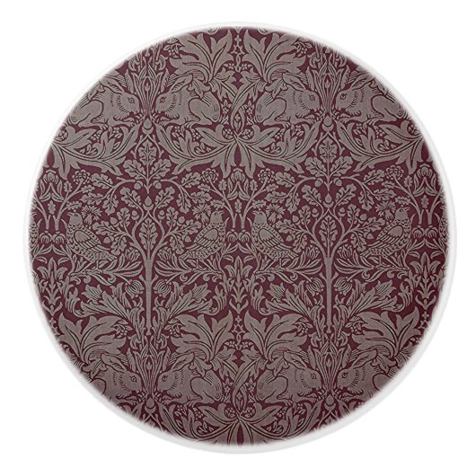 ウッドランドの葉赤うさぎウィリアム・モリス模様 セラミックノブ (正面)