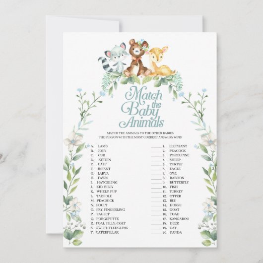 ウッドランドの赤ちゃんシャワーと赤ちゃん動物のゲーム 招待状 (正面)