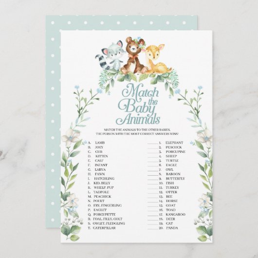 ウッドランドの赤ちゃんシャワーと赤ちゃん動物のゲーム 招待状 (正面/裏面)