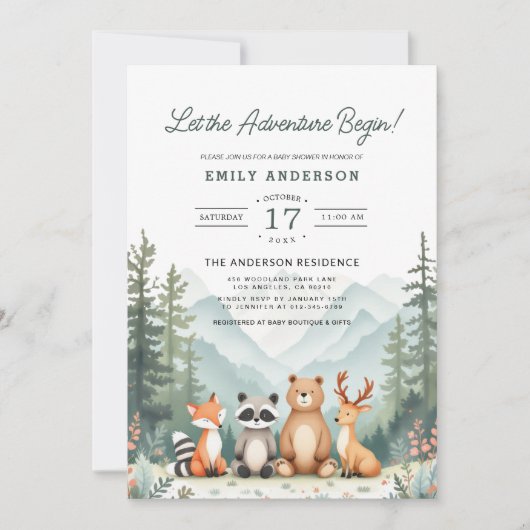 ウッドランドの赤ちゃんシャワーの冒険を始める 招待状 (正面)