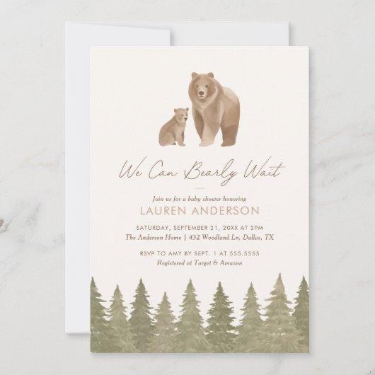 ウッドランドの赤ちゃんシャワーを待つことができる 招待状 (正面)