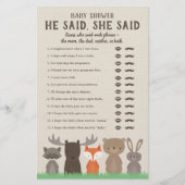 ウッドランドの赤ちゃんシャワー彼は彼女はゲームカードを言った チラシ (正面)
