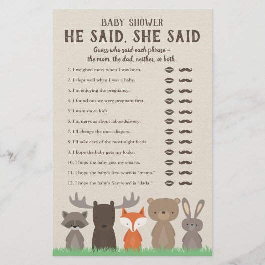 ウッドランドの赤ちゃんシャワー彼は彼女はゲームカードを言った チラシ (正面)