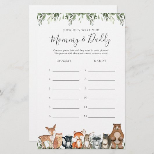 ウッドランドの赤ちゃんシャワー彼らはゲームカードを何歳だった (正面/裏面)