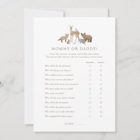 ウッドランドの赤ちゃんシャワー推測ママまたはパパのゲーム 招待状 (正面)