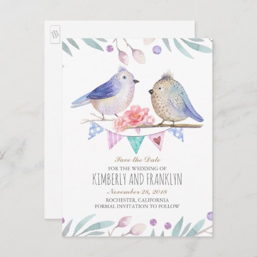 ウッドランドの鳥のカップルがデートを守る 案内ポストカード (正面/裏面)