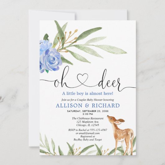 ウッドランドの鹿の青い緑のカップルの赤ちゃんシャワー 招待状 (正面)