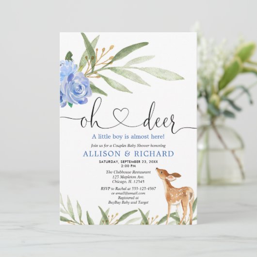 ウッドランドの鹿の青い緑のカップルの赤ちゃんシャワー 招待状 (スタンド正面)