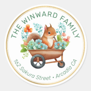 ウッドランドの squirrel が入ったシャベルの花の住所ラベル ラウンドシール