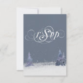 ウッドランドほこりっぽい青と白い冬結婚雪 出欠カード (正面)