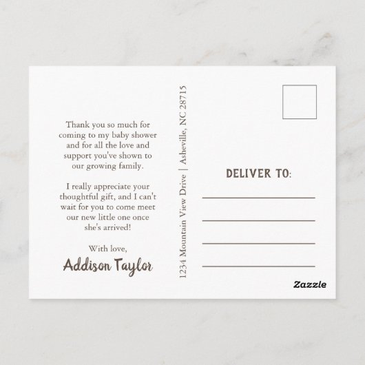 ウッドランドをテーマにした赤ちゃんシャワーありがとうはがき ポストカード (裏面)