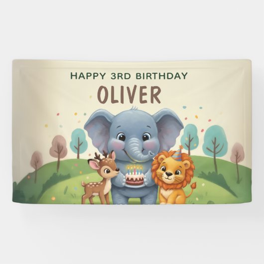 ウッドランドアニマルかわいい3歳の誕生日 横断幕 (横)