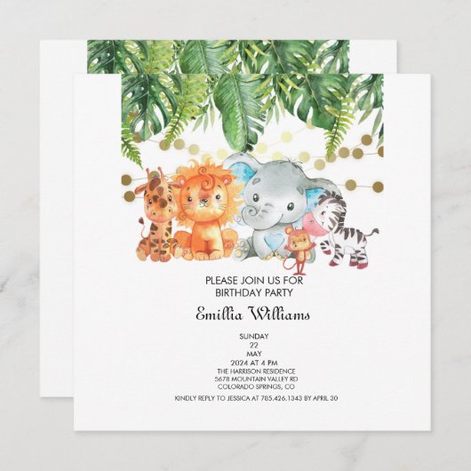 ウッドランドアニマルズアドベンチャーベビーシャワー 招待状 (正面/裏面)