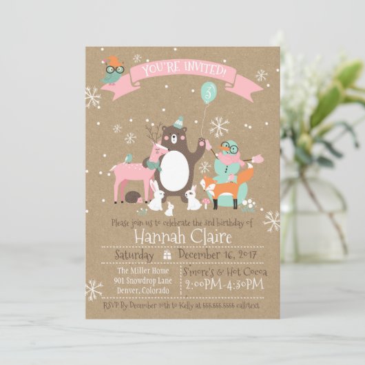 ウッドランドアニマルズウィンターガールズ誕生日招待状 招待状 (スタンド正面)