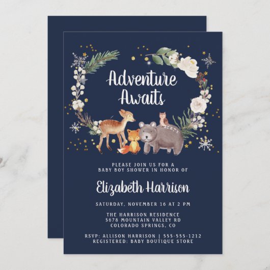 ウッドランドアニマルズウィンターブルーベビーシャワー 招待状 (正面/裏面)