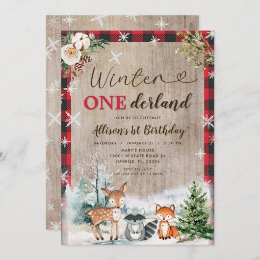 ウッドランドアニマルズウィンターワンダーランド1回目の誕生日 招待状 (正面/裏面)