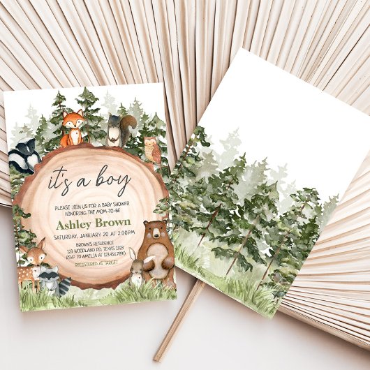 ウッドランドアニマルズウッドスライス赤ちゃんシャワー 招待状