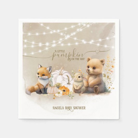 ウッドランドアニマルズカボチャ秋フローラベビーシャワー スタンダードカクテルナプキン (正面)