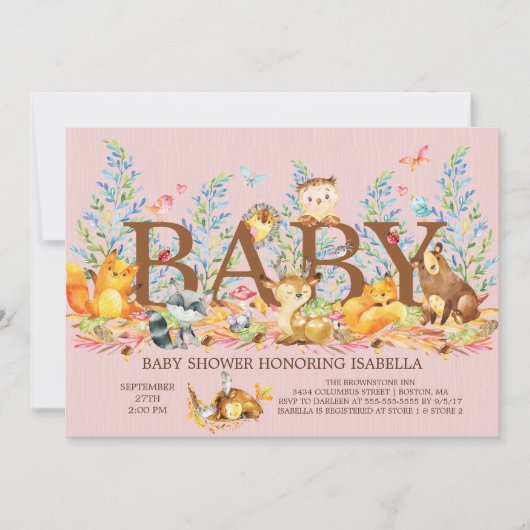 ウッドランドアニマルズガールズベビーシャワー招待状 招待状 (正面)