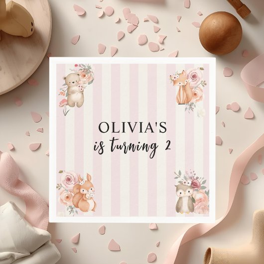 ウッドランドアニマルズガールピンク誕生日 スタンダードカクテルナプキン