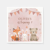 ウッドランドアニマルズガールピンク誕生日 スタンダードカクテルナプキン (正面)