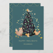 ウッドランドアニマルズクリスマスツリーティール（緑がかった色）ホリデーカード シーズンカード (正面/裏面)