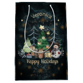 ウッドランドアニマルズクリスマスティール（緑がかった色）ブルー ミディアムペーパーバッグ (正面)