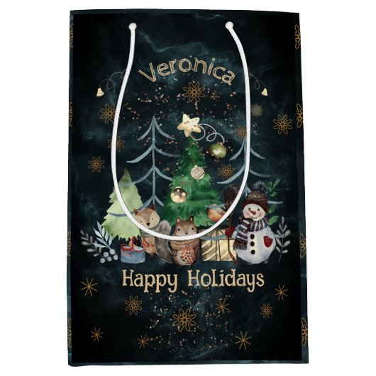 ウッドランドアニマルズクリスマスティール(緑がかった色)ブルー ミディアムペーパーバッグ (正面)