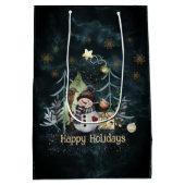 ウッドランドアニマルズクリスマスティール（緑がかった色）ブルー ミディアムペーパーバッグ (裏面)