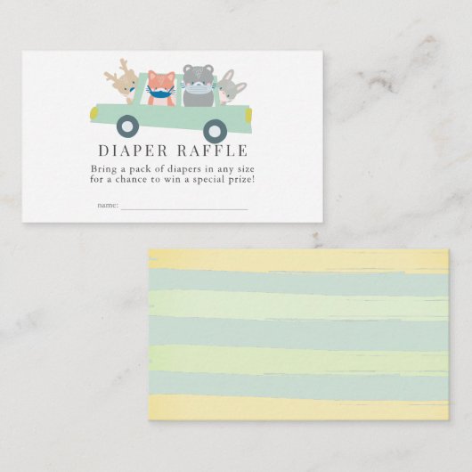 ウッドランドアニマルズグリーンカーおむつラッフルチケット エンクロージャーカード (正面/裏面)