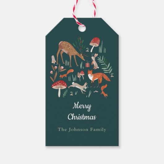 ウッドランドアニマルズグリーンクリスマスパーティー ギフトタグ (正面)