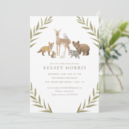ウッドランドアニマルズグリーンベビーシャワー招待状 招待状 (スタンド正面)