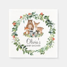 ウッドランドアニマルズグリーンベビーシャワー誕生日 スタンダードカクテルナプキン
