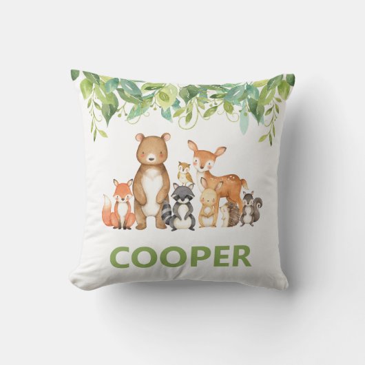 ウッドランドアニマルズグリーンリーキッズ子供部屋ルームデコール クッション (正面)