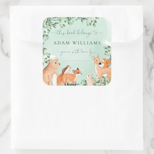 ウッドランドアニマルズグリーン蔵書票シール スクエアシール (バッグ)
