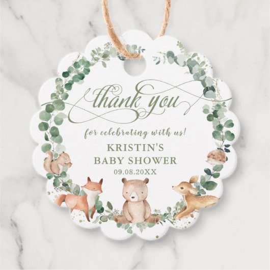 ウッドランドアニマルズグリーン誕生日ベビーシャワーFa フェイバータグ (正面)