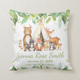 ウッドランドアニマルズグリーン誕生統計ルームデコール クッション