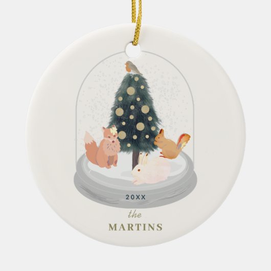 ウッドランドアニマルズスノーグローブホワイトホリデー写真 セラミックオーナメント (正面)