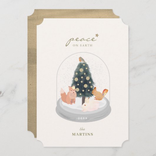 ウッドランドアニマルズスノーグローブ金ゴールドクリスマスカード 招待状 (正面/裏面)