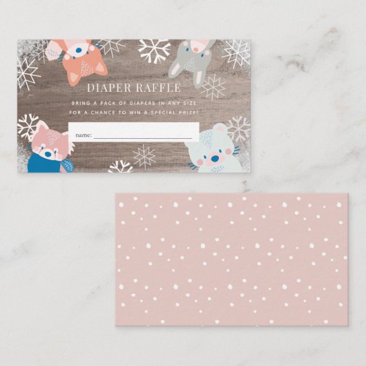 ウッドランドアニマルズスノーピンクおむつラッフルチケット エンクロージャーカード (正面/裏面)