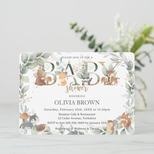 ウッドランドアニマルズセージ緑の中性ベビーシャワー 招待状 (スタンド正面)
